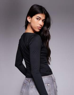 Asos Design Slinky Square Neck Ruched Front Long Sleeve Top With Lace In Black