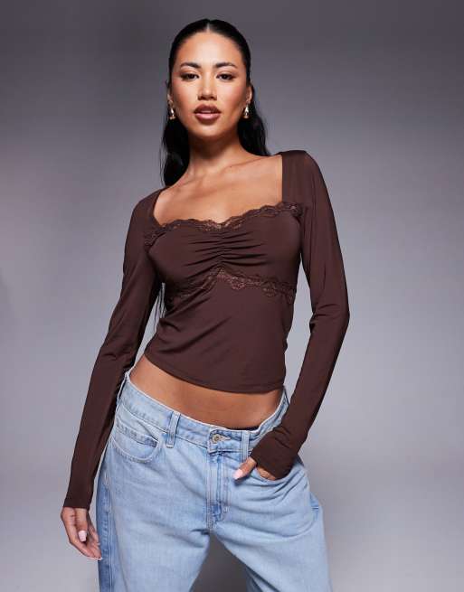 ASOS DESIGN slinky square neck ruched front long sleeve top with lace in chocolate