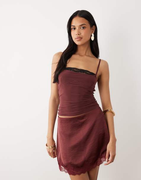 ASOS DESIGN slinky square neck skinny strap cami top with lace trim in fig - view 1