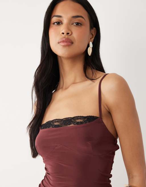 ASOS DESIGN slinky square neck skinny strap cami top with lace trim in fig, 3 of 4