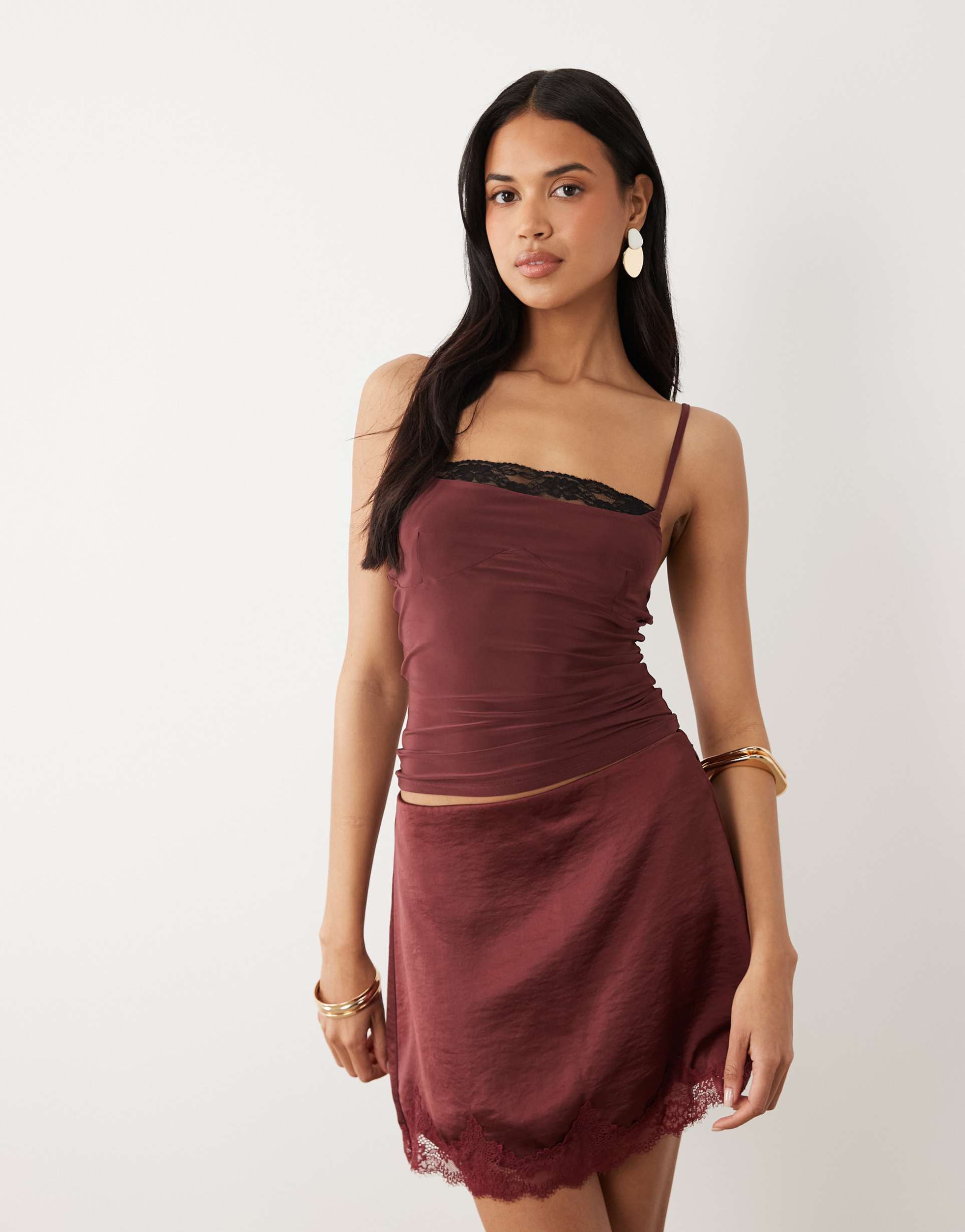 asos design slinky square neck skinny straps cami top with lace trim in fig