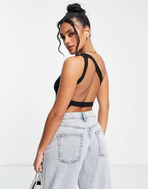 ASOS DESIGN backless slinky crop top in black