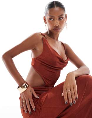 asos design slinky strappy maxi dress with gold trim in rust