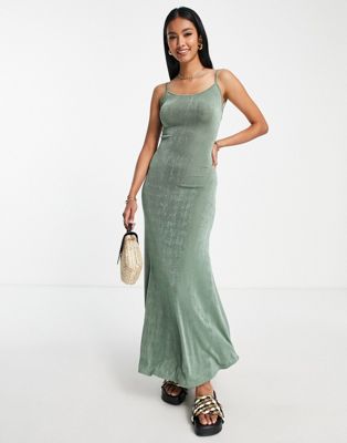 ASOS DESIGN slinky strappy maxi dress with low back in olive green