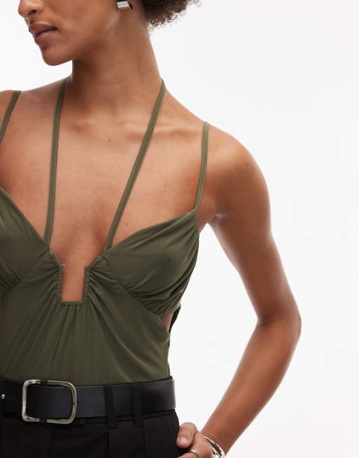 ASOS DESIGN slinky strappy trim detail bodysuit in khaki green, 2 of 4