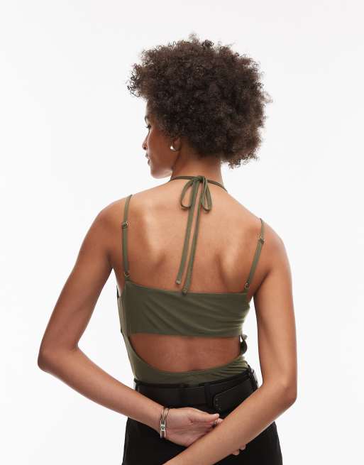 ASOS DESIGN slinky strappy trim detail bodysuit in khaki green, 4 of 4