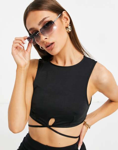 ASOS DESIGN slinky suit crop top co-ord with 90s tie waist in black