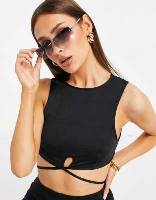 Asos Design Slinky Suit Crop Top With 90s Tie Waist In Black - Part Of A Set