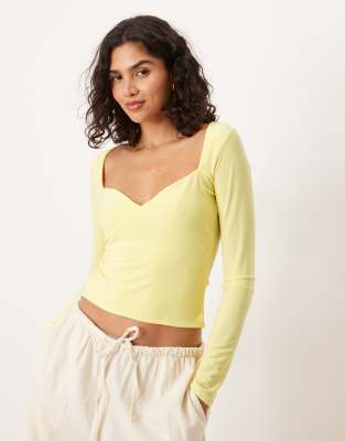 Asos Design Slinky Sweet Heart Detail Long Sleeve Top In Yellow