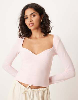 ASOS DESIGN slinky sweetheart detail long sleeve top in pink
