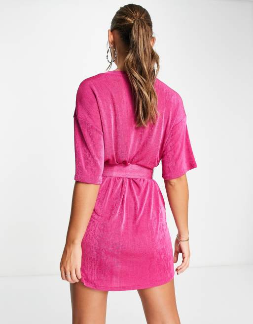 ASOS DESIGN slinky t-shirt dress with belt in pink, 2 of 4