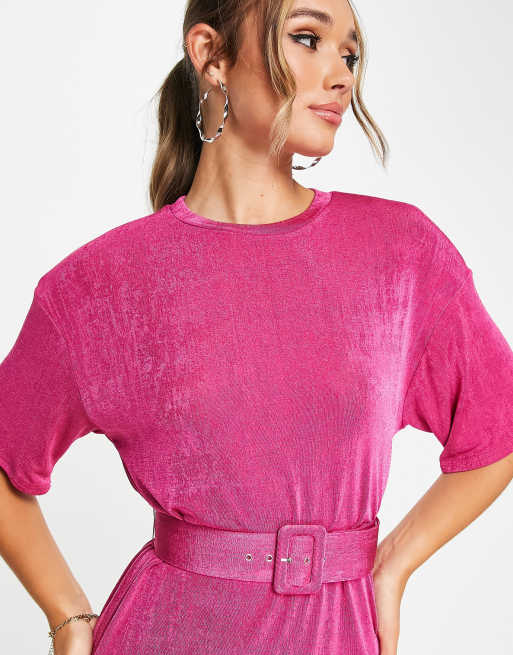 ASOS DESIGN slinky t-shirt dress with belt in pink, 3 of 4