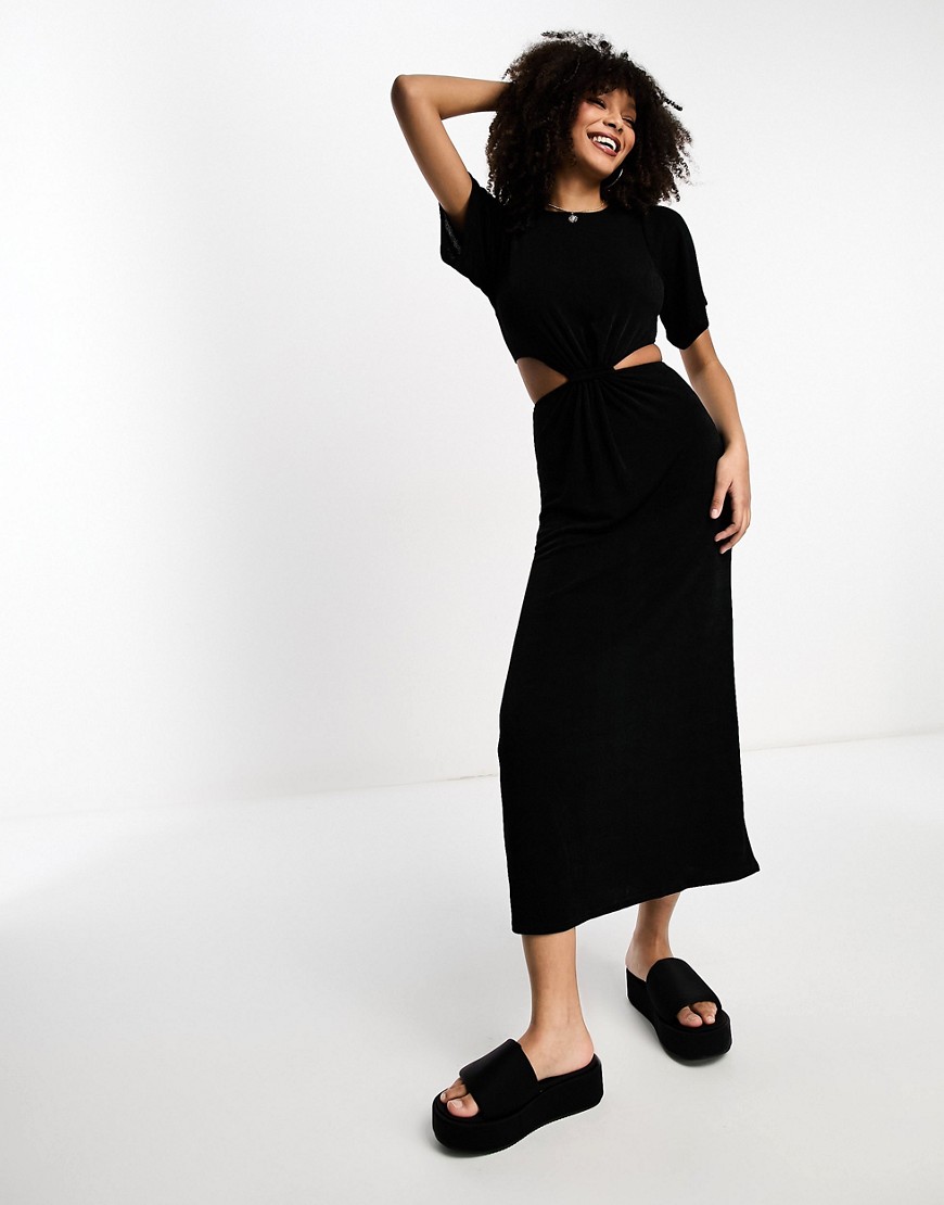 ASOS DESIGN slinky t-shirt midi dress with cut out in black
