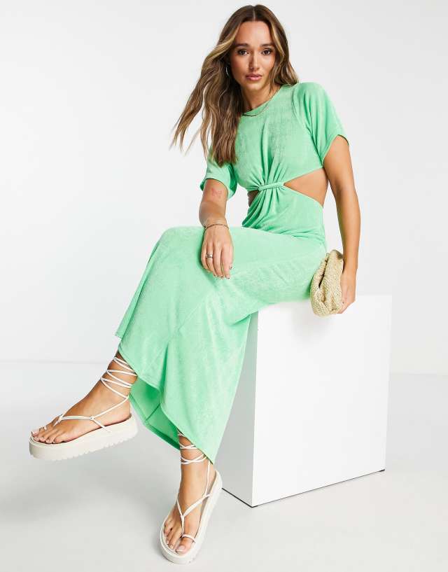 ASOS DESIGN slinky t-shirt midi with cut out in bright green