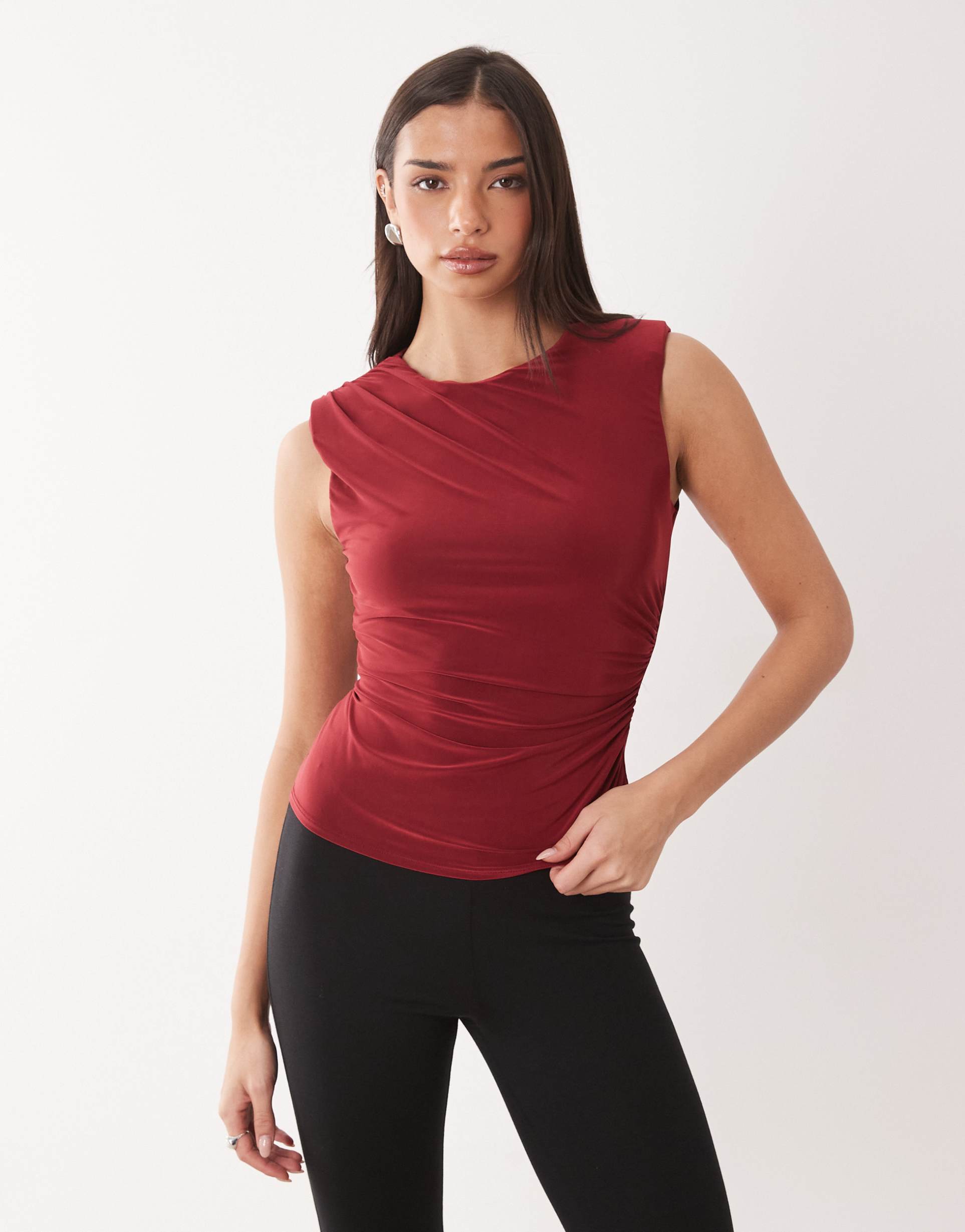 asos design slinky tank top with shoulder pads in berry