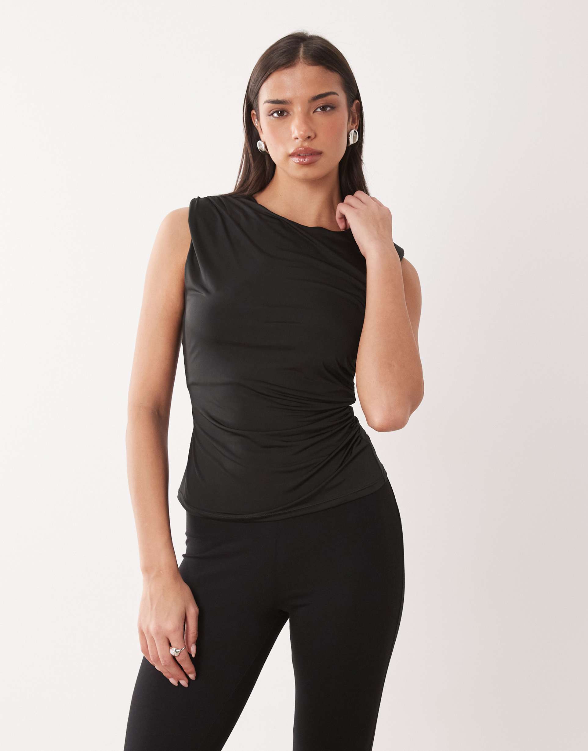 asos design slinky tank top with shoulder pads in black