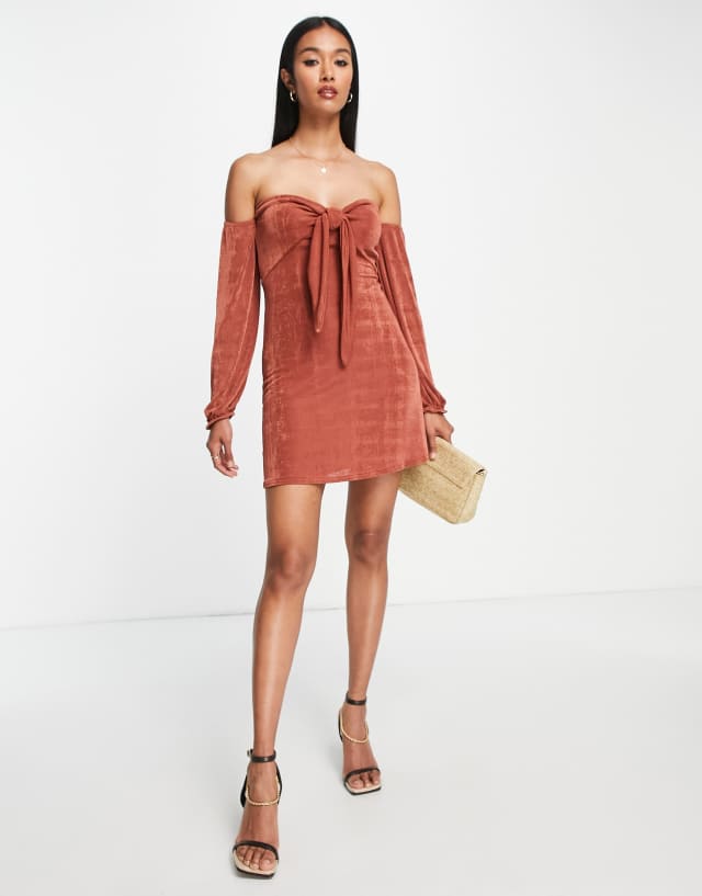 ASOS DESIGN slinky tie front bardot mini dress in rust