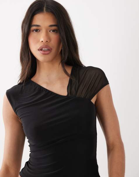 ASOS DESIGN slinky top with mesh shoulder in black - view 1