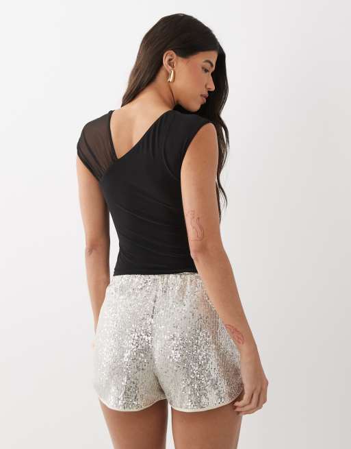 ASOS DESIGN slinky top with mesh shoulder in black, 4 of 4