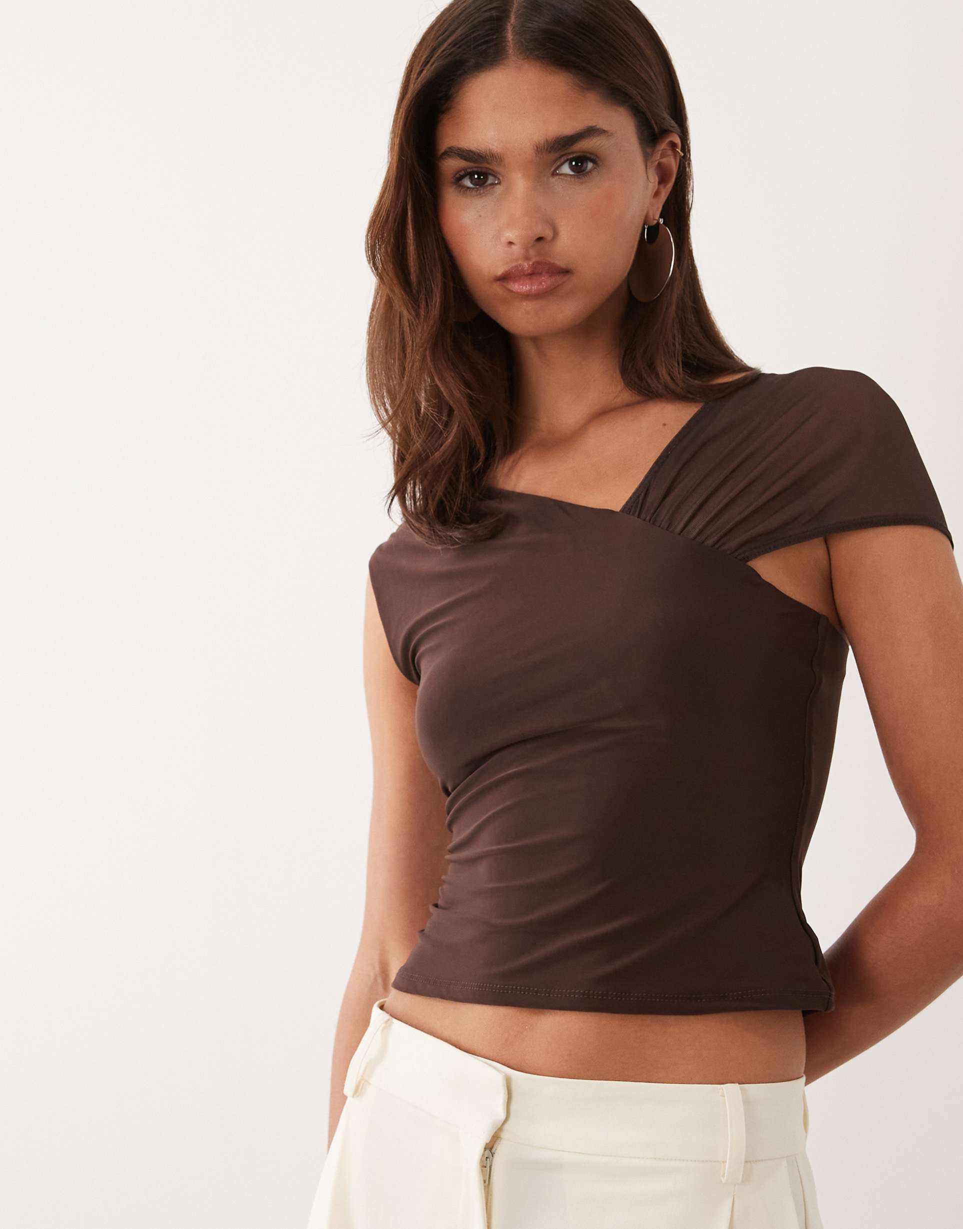 asos design slinky top with mesh shoulder in chocolate