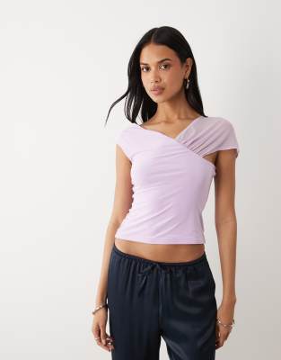 Asos Design Slinky Top With Mesh Shoulder In Purple