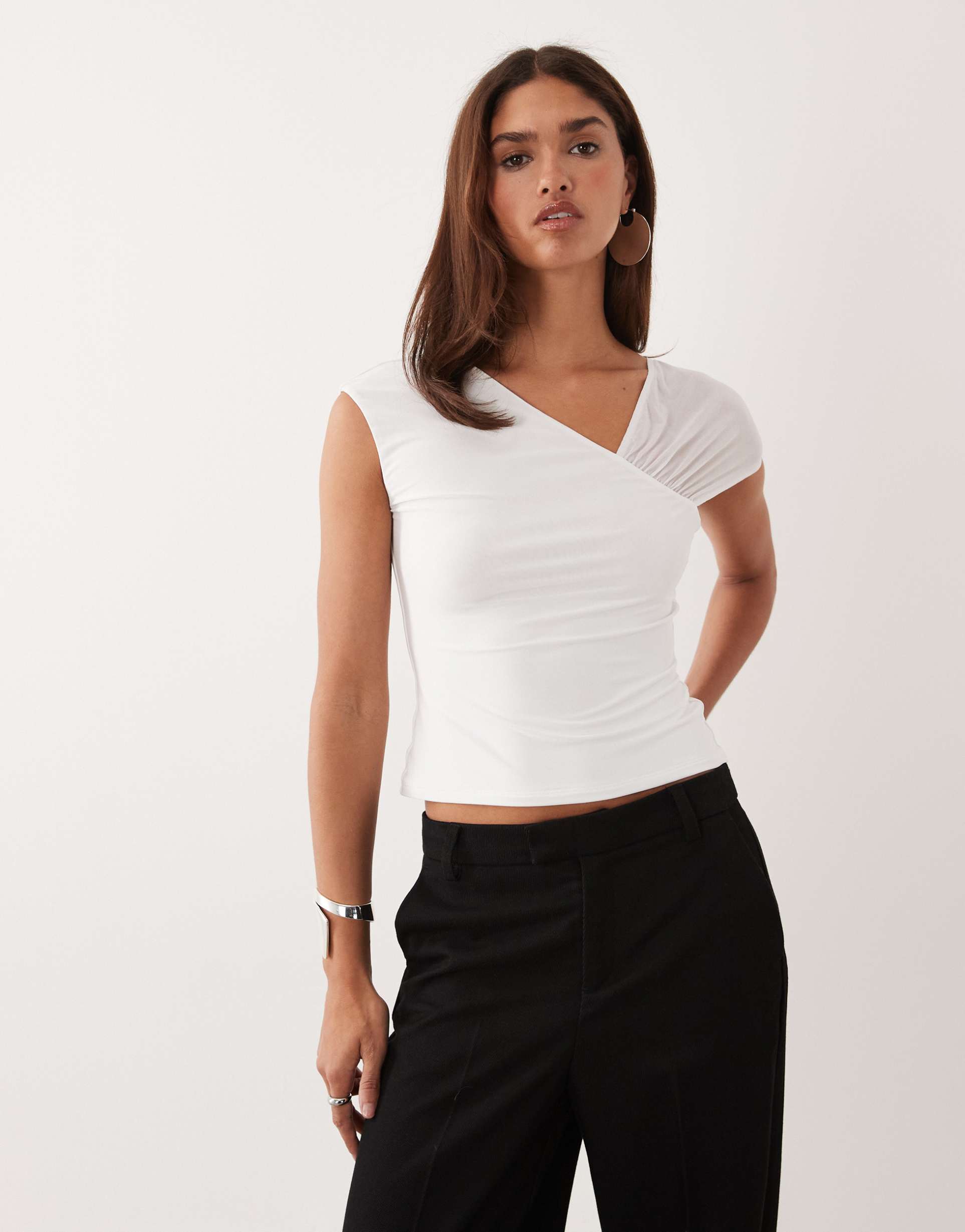 asos design slinky top with mesh shoulder in white