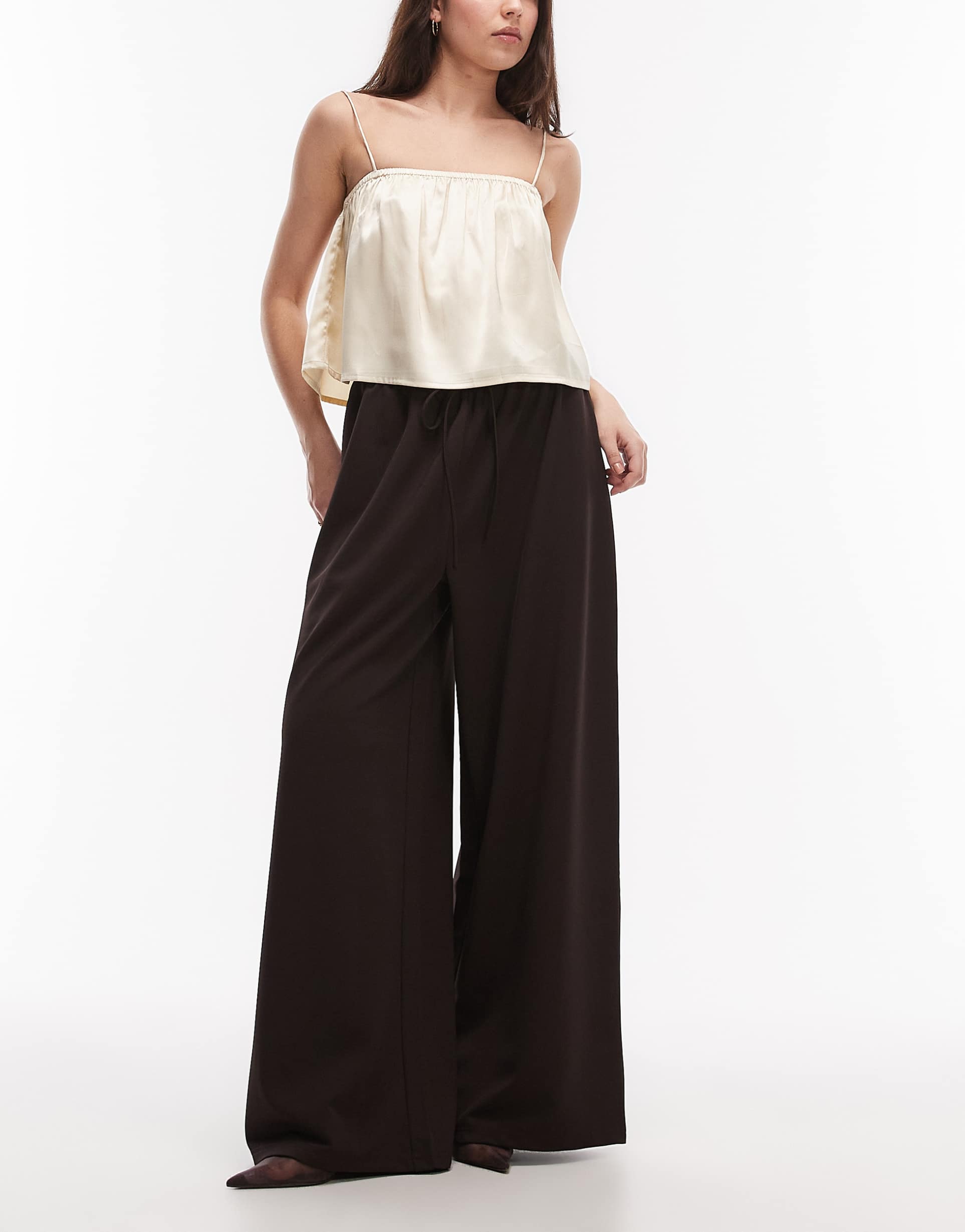 asos design slinky twill clean tie waist super wide leg pants in chocolate