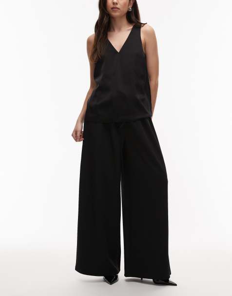 ASOS DESIGN slinky twill super wide leg trousers with tie waist in black