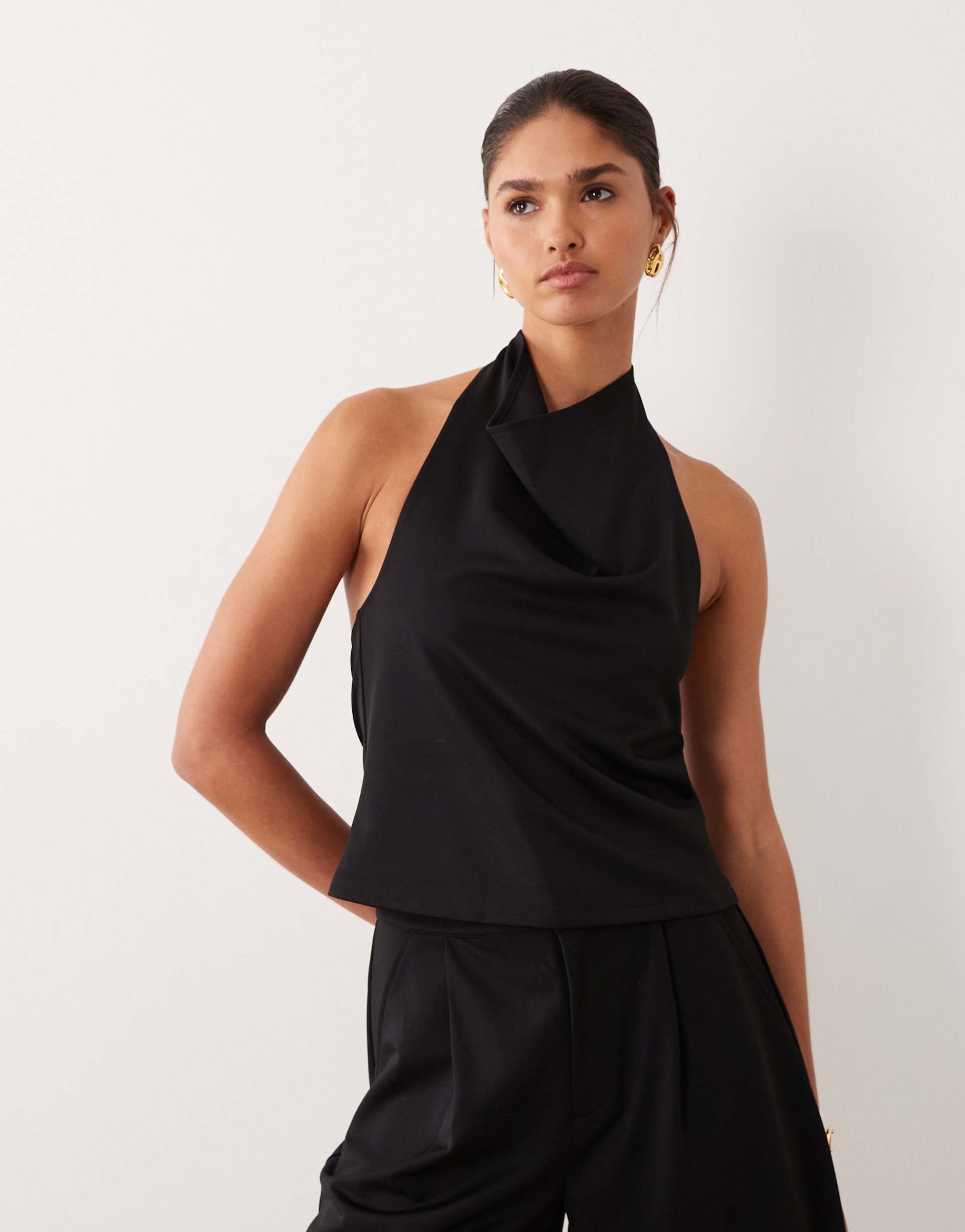 asos design slinky twill cowl neck top in black - part of a set