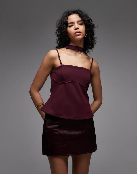 ASOS DESIGN slinky twill curved bust cami top in burgundy