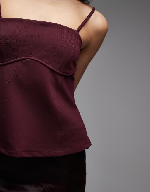ASOS DESIGN slinky twill curved bust cami top in burgundy, 3 of 4