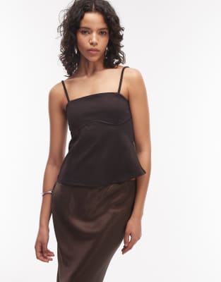 ASOS DESIGN slinky twill curved bust cami top in chocolate