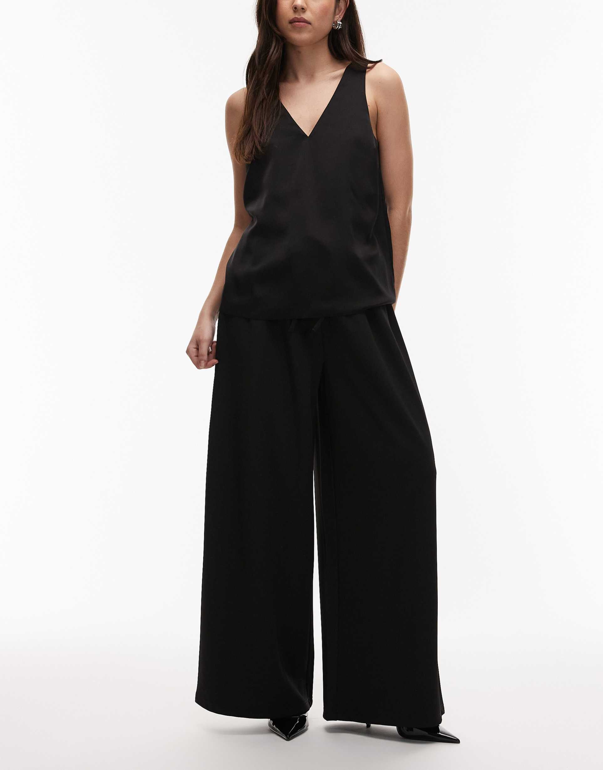 asos design slinky twill super wide leg pants with tie waist in black