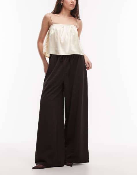 ASOS DESIGN slinky twill super wide leg pants with tie waist in chocolate - view 1