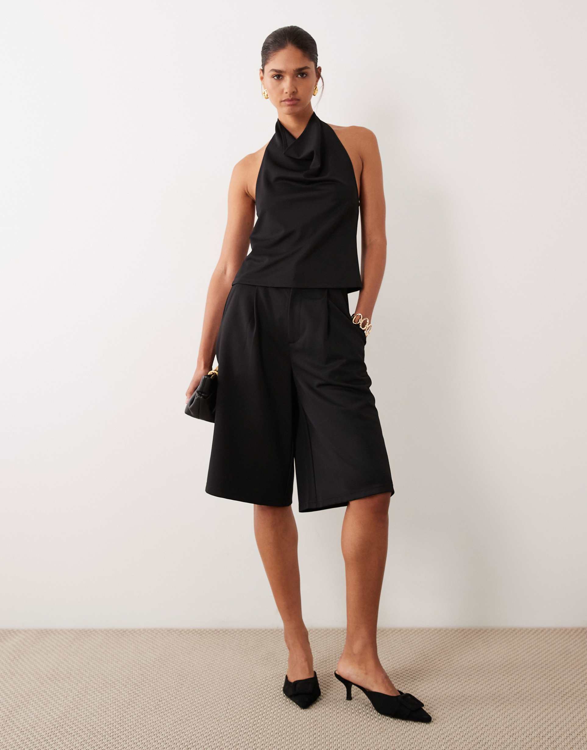 asos design slinky twill tailored bermuda shorts in black - part of a set