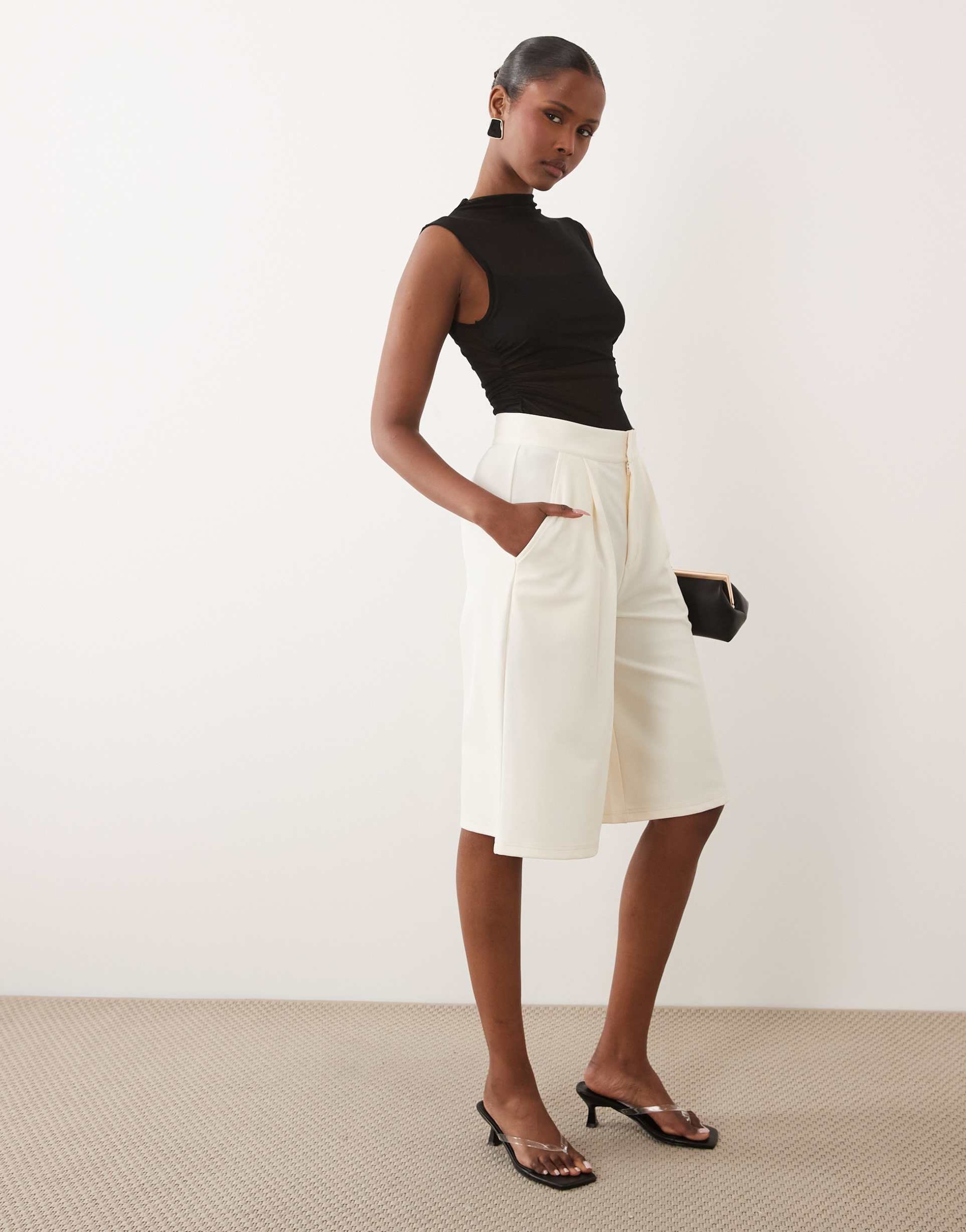 asos design slinky twill tailored bermuda shorts in cream