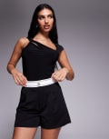 [ASOS DESIGN] ASOS DESIGN slinky twill tailored shorts with waistband detail in black 10 Black