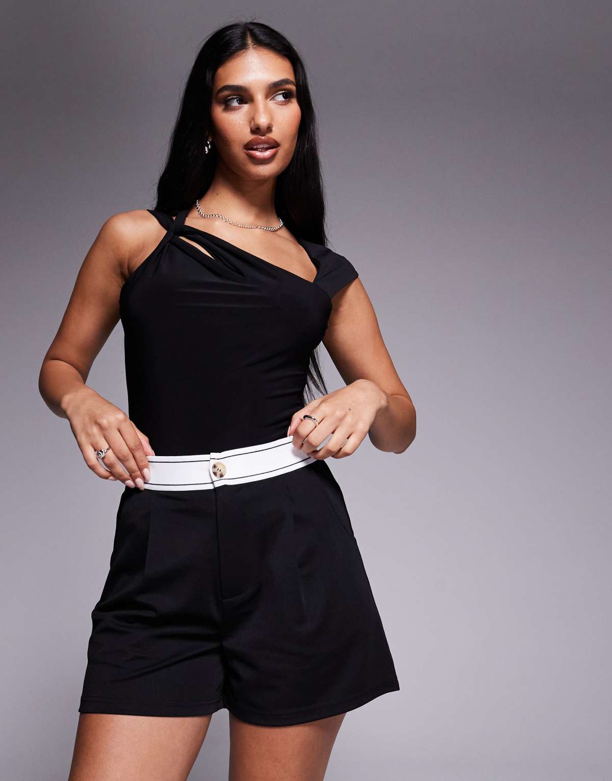 ASOS DESIGN slinky twill tailored shorts with waistband detail in black