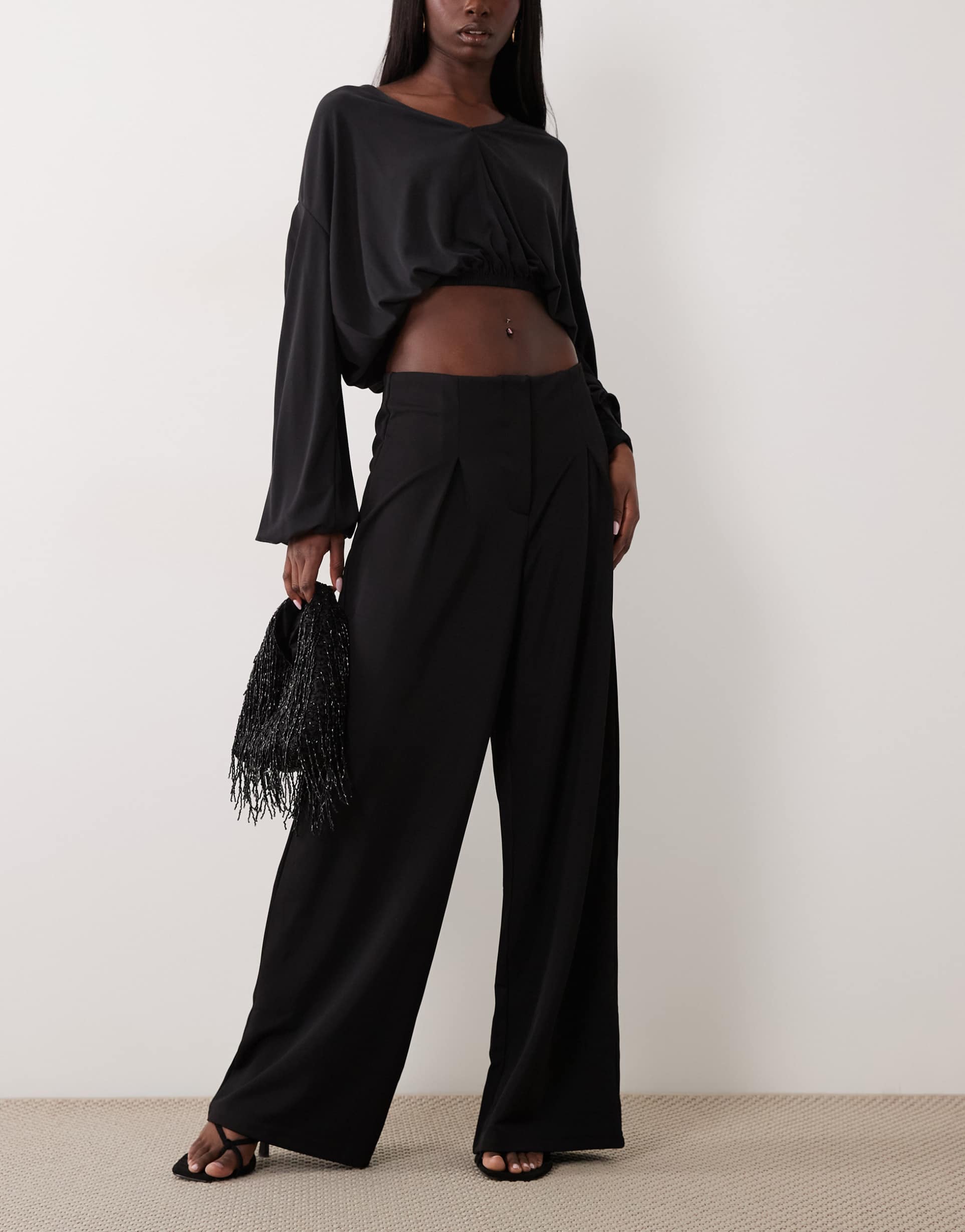asos design slinky twill tailored slouchy wide leg pants in black