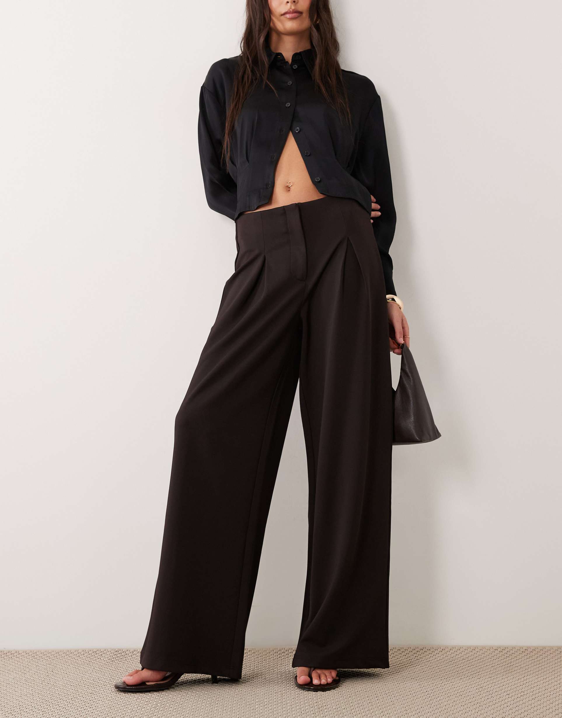 asos design slinky twill tailored slouchy wide leg pants in chocolate