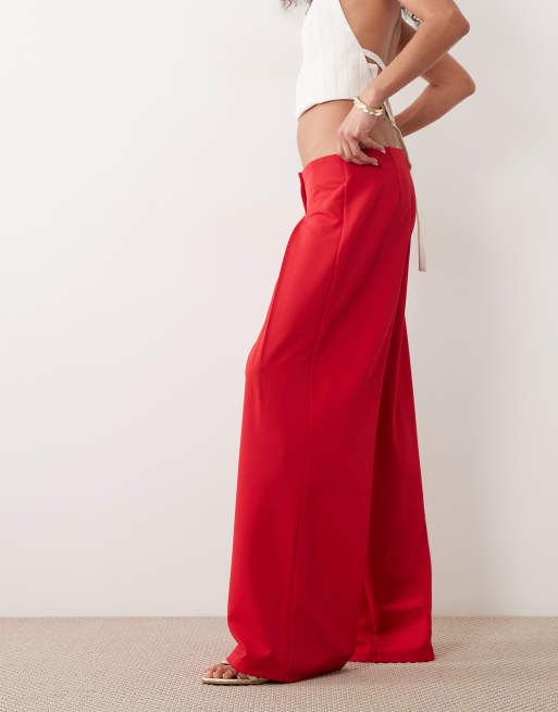 ASOS DESIGN slinky twill tailored slouchy wide leg pants in red, 3 of 5