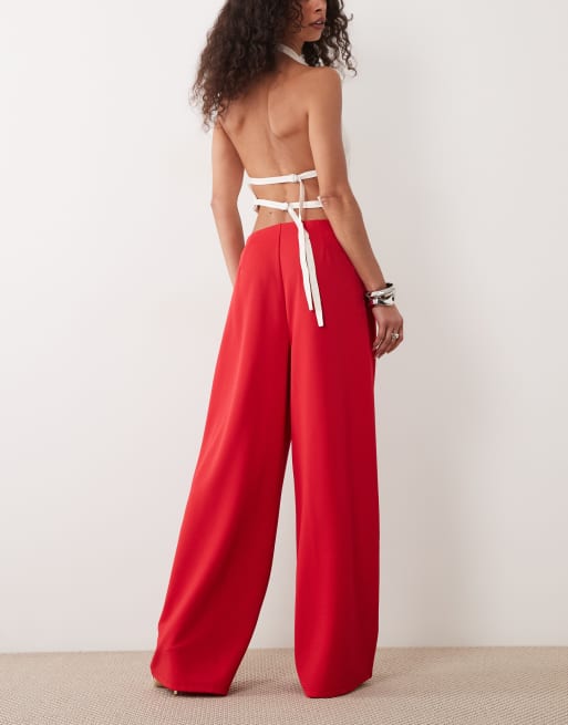 ASOS DESIGN slinky twill tailored slouchy wide leg pants in red, 5 of 5
