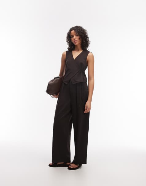 ASOS DESIGN slinky twill tailored tab detail wide leg pants in chocolate (part of a set) - view 1