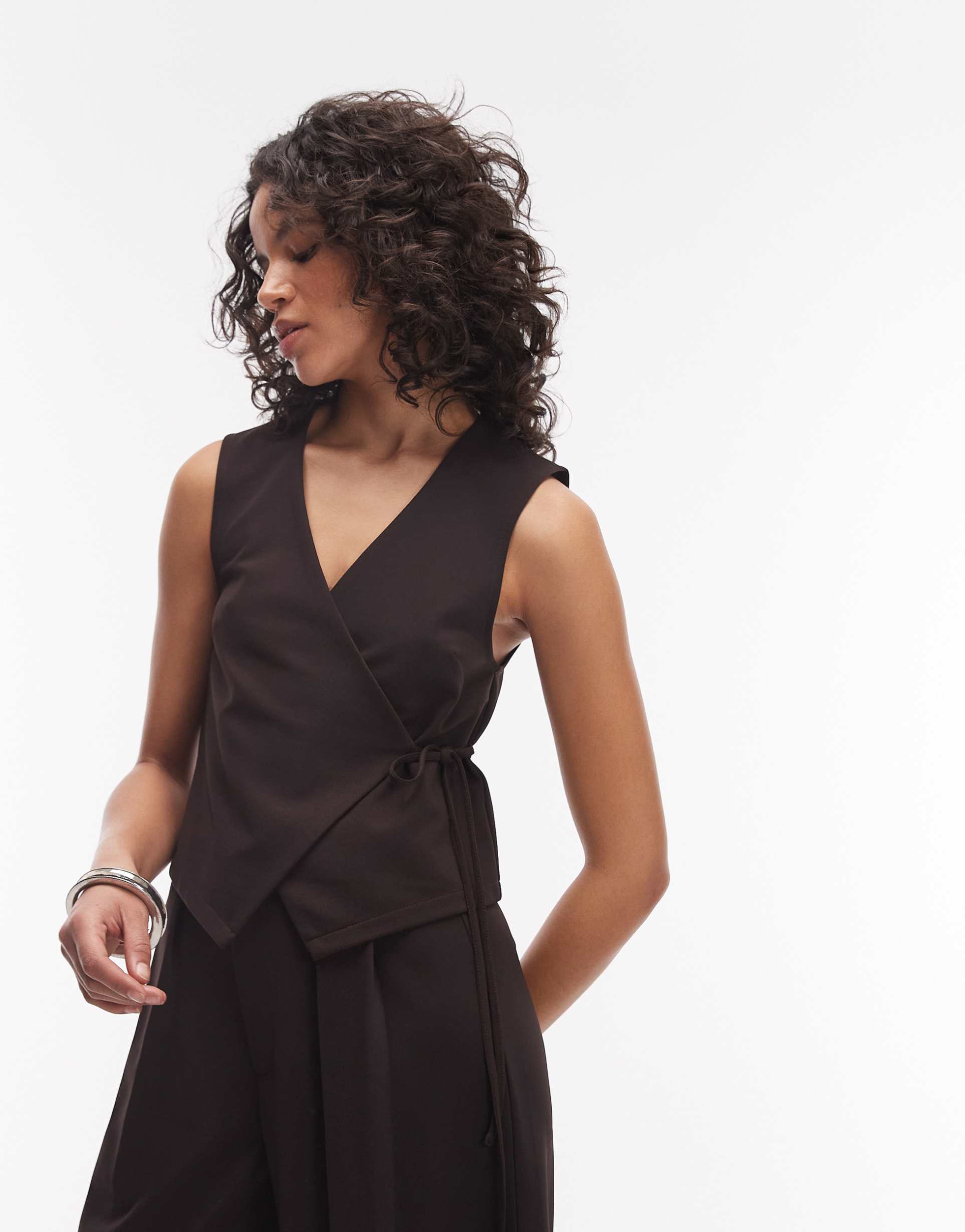 asos design slinky twill tailored tie side vest in chocolate - part of a set