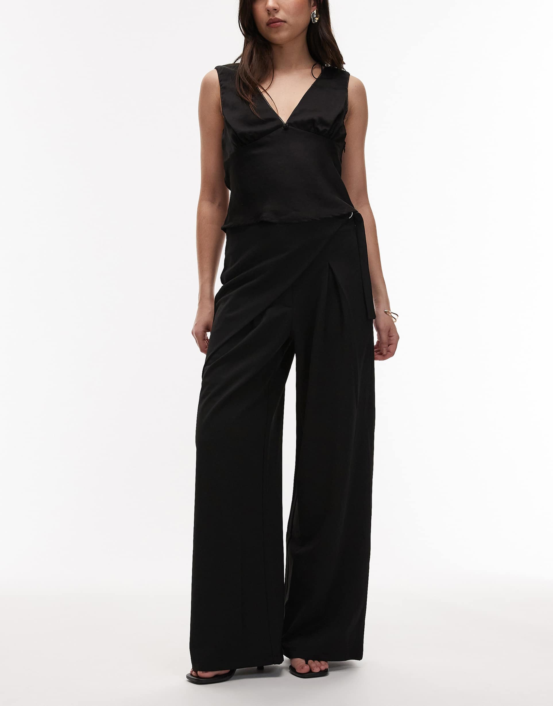 asos design slinky twill tailored wide leg pants with wrap detail in black