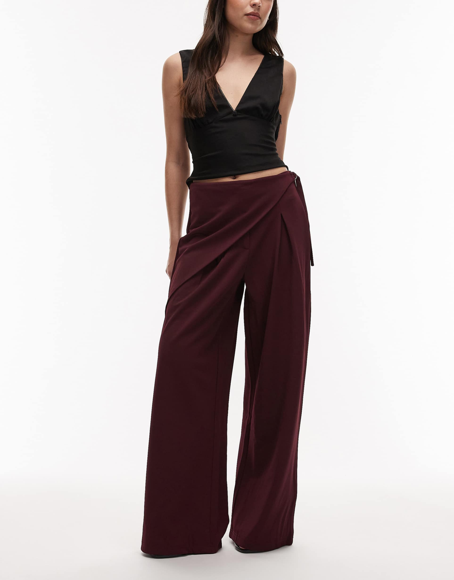 asos design slinky twill tailored wide leg pants with wrap detail in burgundy