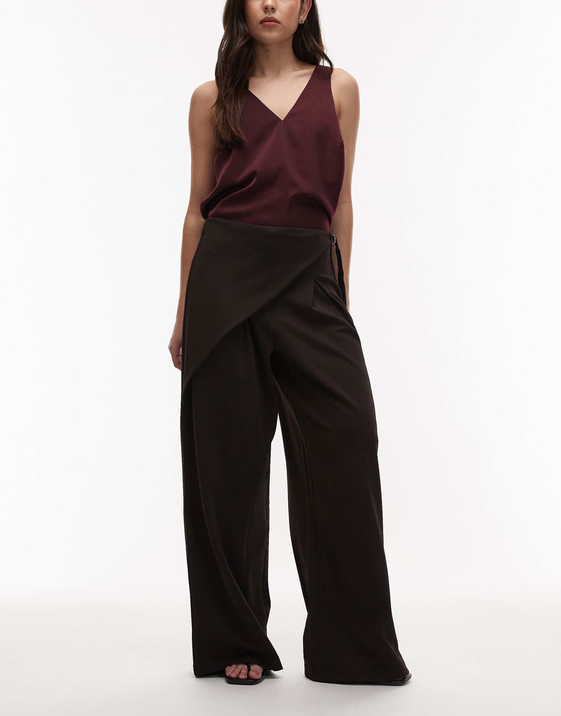 asos design slinky twill tailored wide leg pants with wrap detail in chocolate