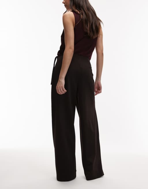 ASOS DESIGN slinky twill tailored wide leg pants with wrap skirt detail in chocolate, 2 of 5