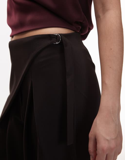ASOS DESIGN slinky twill tailored wide leg pants with wrap skirt detail in chocolate, 3 of 5