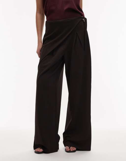 ASOS DESIGN slinky twill tailored wide leg pants with wrap skirt detail in chocolate, 4 of 5
